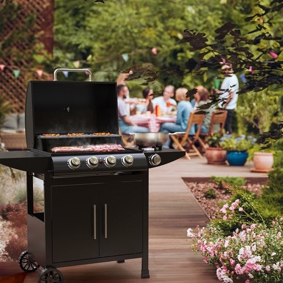 KitchenBrothers Gasgrill - Mit Seitenbrenner - 5 Brenner - Mit Gasanschluss - 42x57cm Grillfläche - Schwarz