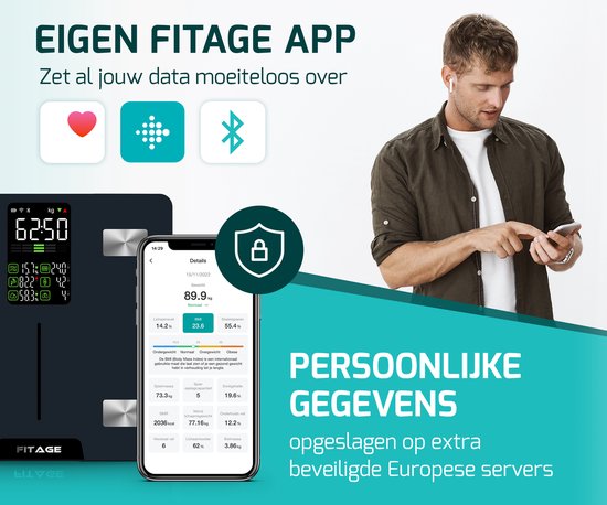 FITAGE - LED-Waage Personenwaage Digital - Intelligente Waage mit 17-facher Körperanalyse - schwarz