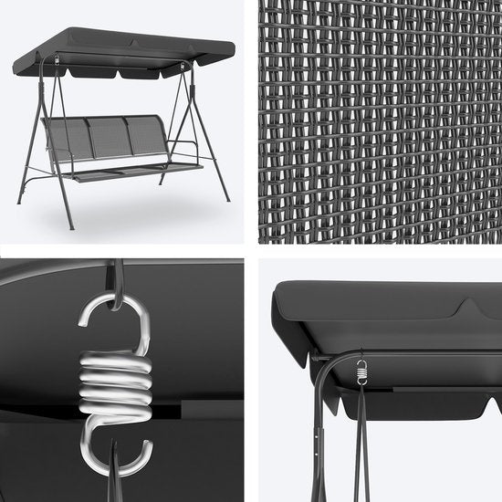 LifeGoods Schaukelbank - 3-Sitzer - Bis zu 250KG - Kippbares Dach - UV-beständiger Sonnenschirm - 172x104x162cm - Grau
