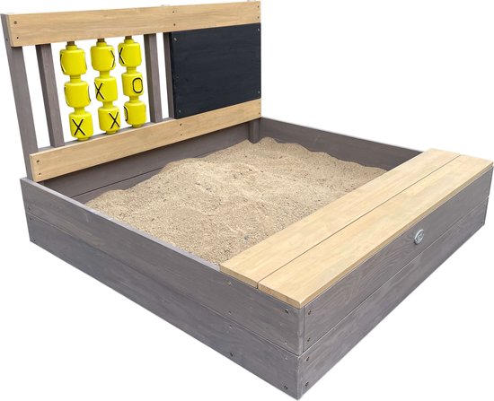 AXI Kitty Sandkasten mit „Butter-Käse-und-Eier“-Motiv, grau/braun – Mit Sitz – Inklusive Abdeckplane und Bodenplane – FSC-zertifiziertes Holz