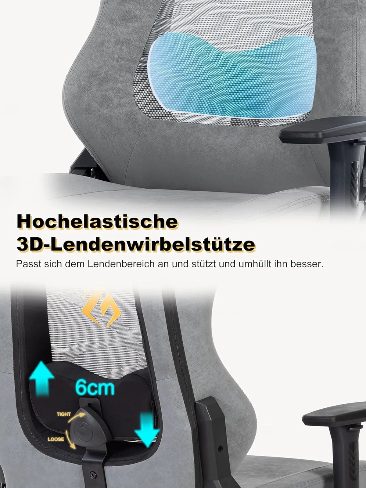SYMINO Ergonomischer Gaming-Stuhl mit atmungsaktiver Rückenlehne – Vintage-PU-Leder – Grau – Metall und Schaumstoff