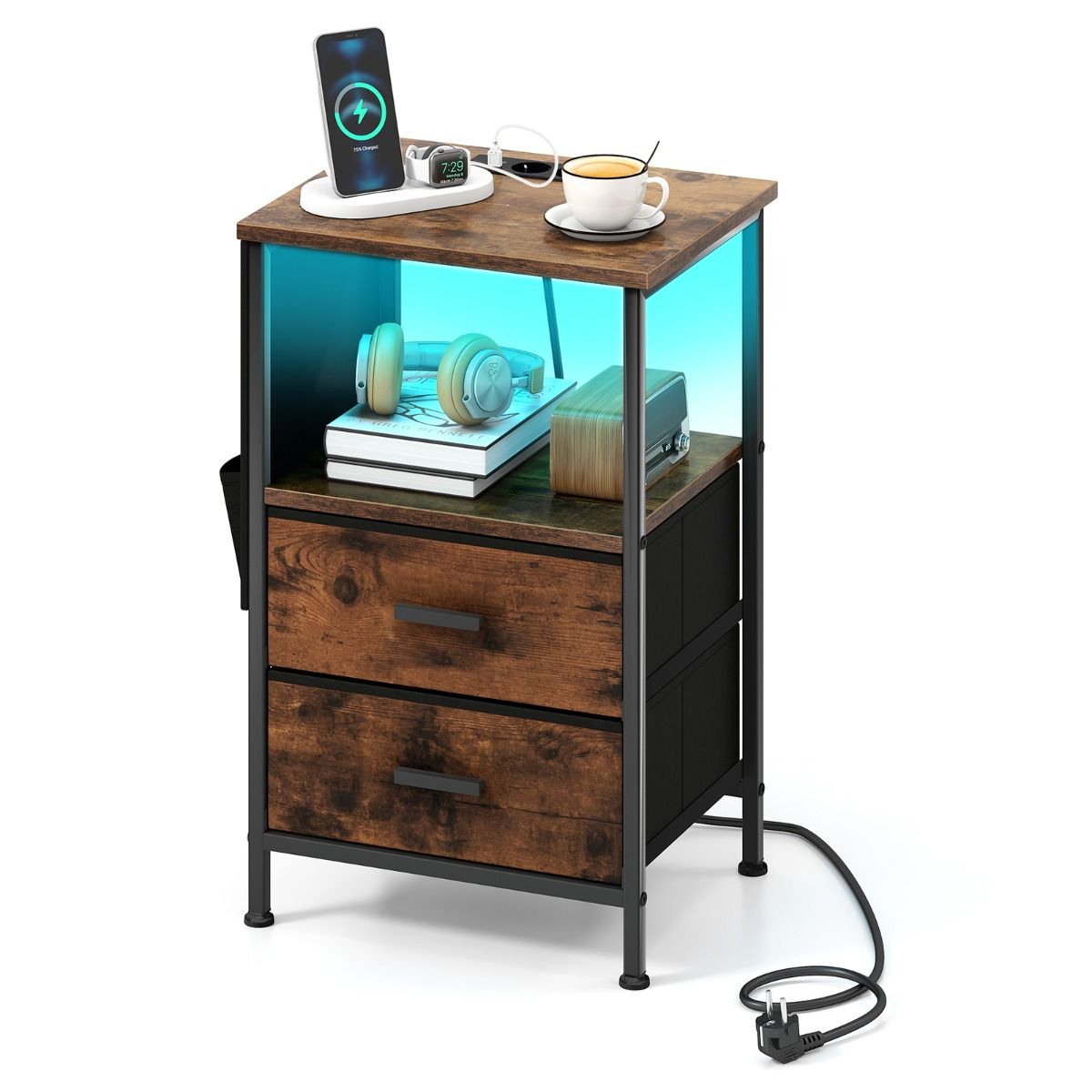 Coast 2-teiliges Beistelltisch-Set – mit Ladestation und LED-Beleuchtung – 2 Stoffschubladen und 6 Seitentaschen – rustikales Braun