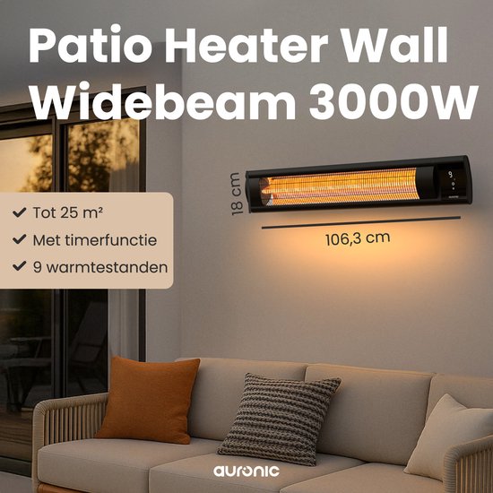 Auronic Terrassenstrahler - XL - Infrarotheizung - Elektrisch - 25m2 - 3000W - Fernbedienung - 9 Stufen - Schwarz