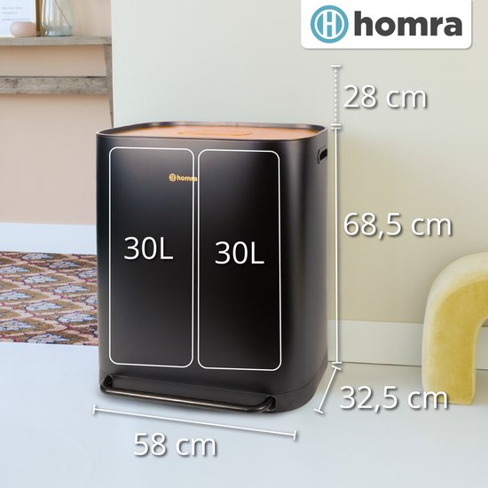 Homra Rockx Mülleimer 60 Liter – Duo-Treteimer 2×30 l mit Geruchsfilter – Edelstahl-Mülltrennbehälter mit 2 Fächern – Recycling-Mülleimer – Küchenmülleimer – Mülleimer zur Mülltrennung – Doppel-Mülleimer in Schwarz und Kupfer