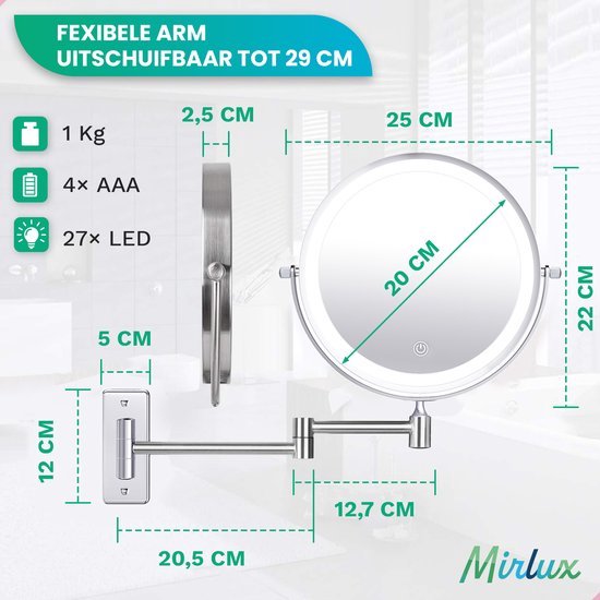Make-up Spiegel mit Led Beleuchtung - 5X Vergrößerung - Wandspiegel Rund - Rasierspiegel Wandmodell - Badezimmer - Dusche - Chrom