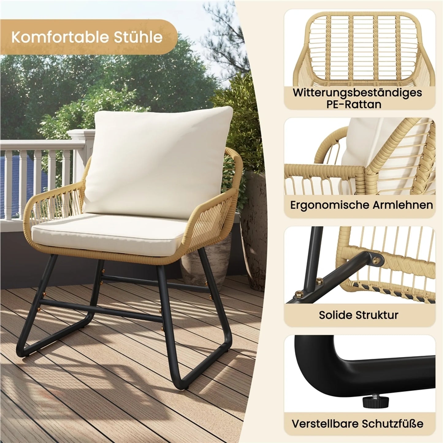 Yaheetech Bistro Set Garten Set 3-tlg. - 61 x 65 x 76 cm - Mit handgeflochtenem PE-Rattan und Glastischplatte sowie Sitz und Dekokissen - Für Balkon und Terrasse - Hellbraun und Metall