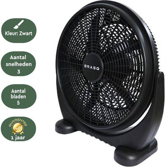 BRASQ Bodenventilator - 50 cm - Schwarz - 3 Geschwindigkeiten - Standventilator - Einstellbar - 90 Watt