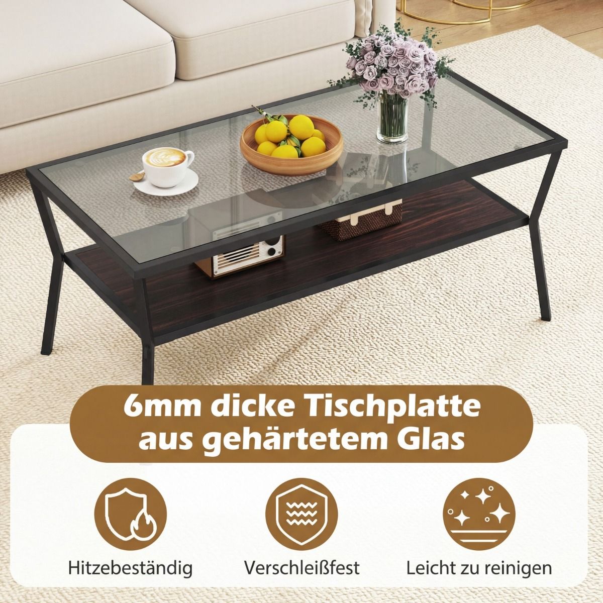 Coast Couchtisch, rechteckig – Tischplatte aus gehärtetem Glas – Metallgestell – grau und schwarz