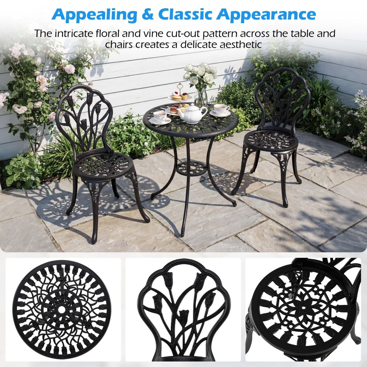 Coast-Gartenset aus Aluminiumguss – 3-teilig – mit Sonnenschirmloch – schwarz