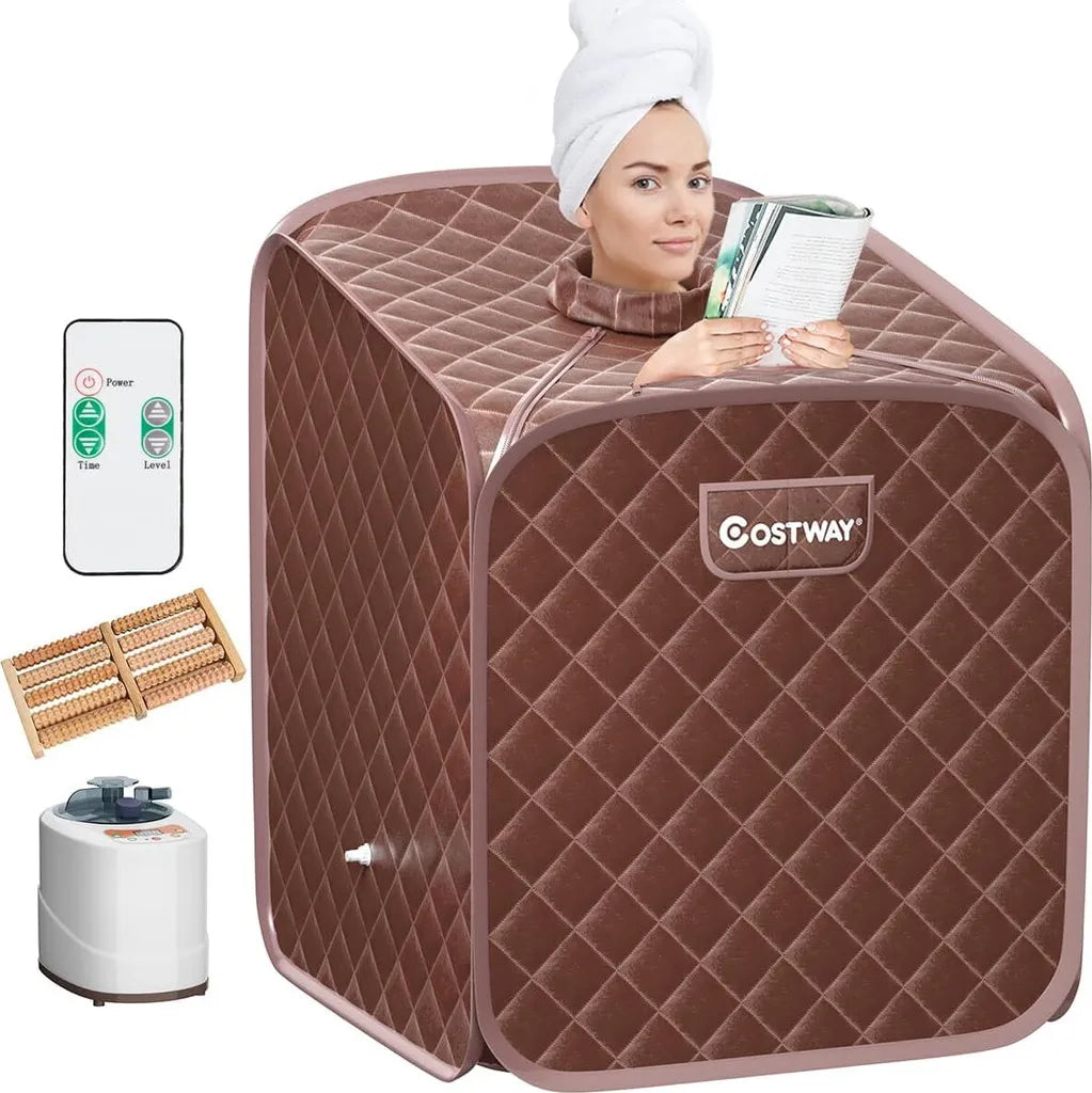 Coast Mini-Dampfsauna 2 Liter – Zusammenklappbare Heimsauna mit Fernbedienung, Timer, 9 Temperaturstufen und Sitz – Braun