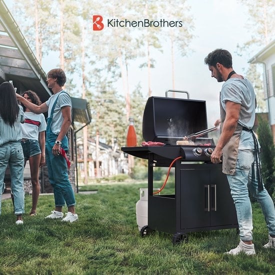 KitchenBrothers Gasgrill - Mit Seitenbrenner - 5 Brenner - Mit Gasanschluss - 42x57cm Grillfläche - Schwarz
