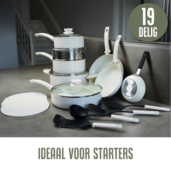 COOCK - 19-teiliges Induktionskochgeschirr-Set - Antihaftbeschichtung - Ergonomische Kaltgriffe - Inklusive Untersetzer - Weiß