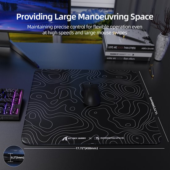 ATTACK SHARK CM05 Gaming-Mauspad aus gehärtetem Glas – Glas-Mauspad – extrem glatte Oberfläche – 9H-Gehärtetes Glas – 45 × 40 cm – eSport-Gaming-Mauspad – schwarze Konturlinie
