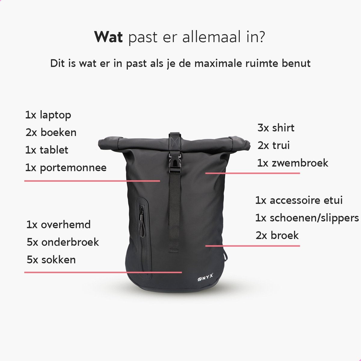 ONYX - Rolltop Rucksack - 25 bis 40 L - Mit Laptopfach - Wasserdicht und strapazierfähig - Schwarz