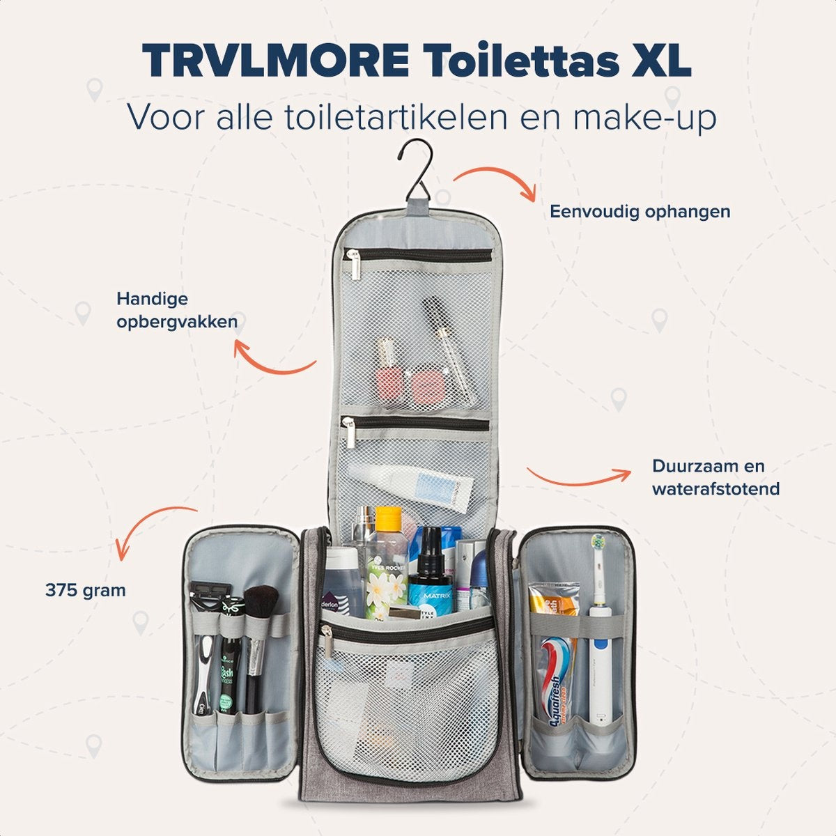 TRVLMORE Kulturtasche XL - Hängend mit Haken - Grau