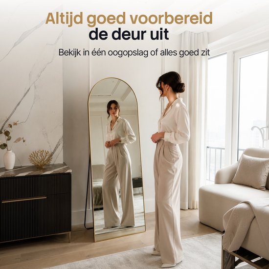 Infinity Goods Ganzkörperspiegel – 160 x 60 cm – Design-Wandspiegel – Standspiegel mit Metallrahmen – zur Aufhängung – Ankleidezimmerspiegel – abgerundet – modern – goldfarben