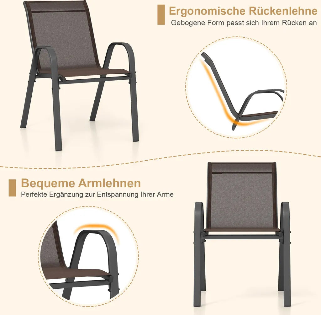 COAST 4er Set stapelbarer Gartenstühle, Balkonstühle, Terrassenstühle, stapelbare Stühle mit Armlehnen bis 150 kg, 56 x 70 x 84 cm, braun