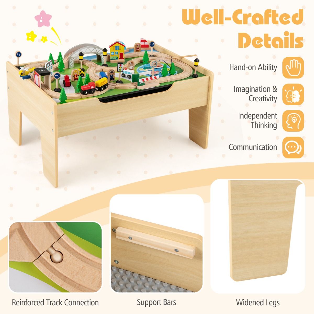 Coast Holzzug-Spieltisch für Kinder – 5-in-1-Aktivitäten-Spieltisch – 78-teilig – Naturfarben