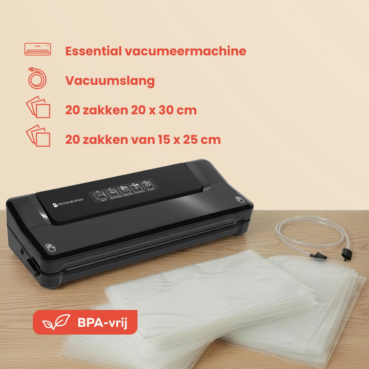 KitchenBrothers Vakuumiermaschine Essential - 4,5 L/min - 4 Funktionen - Inklusive 40 PFAS-freie Vakuumbeutel & Vakuumschlauch - Schwarz