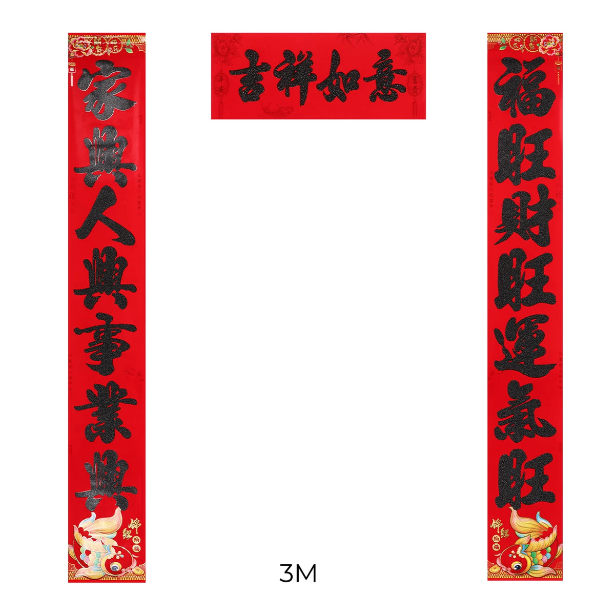 3-teiliges Set mit Sprüchen zum chinesischen Neujahr – rotes Papier – schwarze Schriftzeichen – Glück und Wohlstand