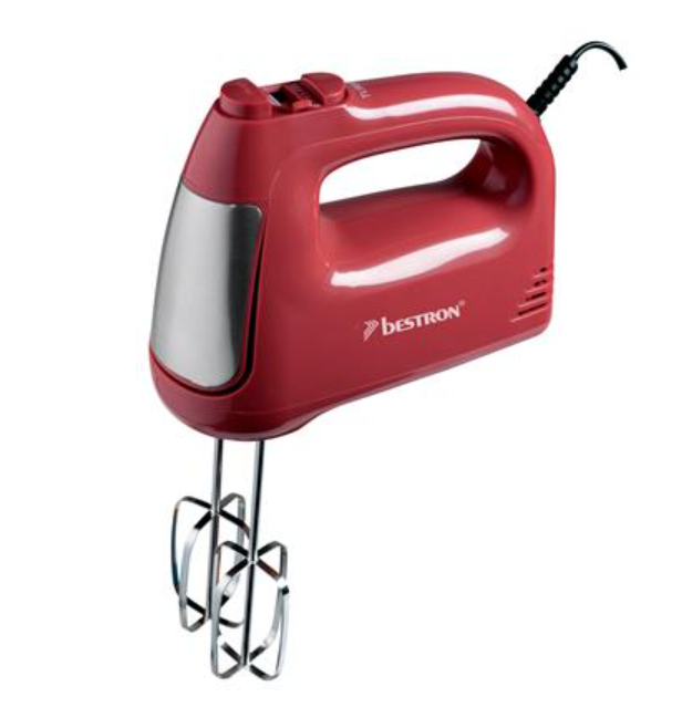 Bestron AHM400SPNR Handrührgerät – 300 W – 6 Geschwindigkeitsstufen – Turbo-Funktion – Rührbesen und Knethaken aus Edelstahl – 19 x 8 x 15 cm – Rot