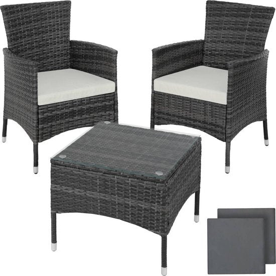 tectake - Geflechtmöbel-Gartenset mit austauschbaren Bezügen, 2 Stühle und Tisch mit Glasplatte, 2x Outdoor-Loungesessel mit Armlehnen und Gartentisch, Gartenmöbel-Set, Balkonmöbel - - grau - Poly-Rattan