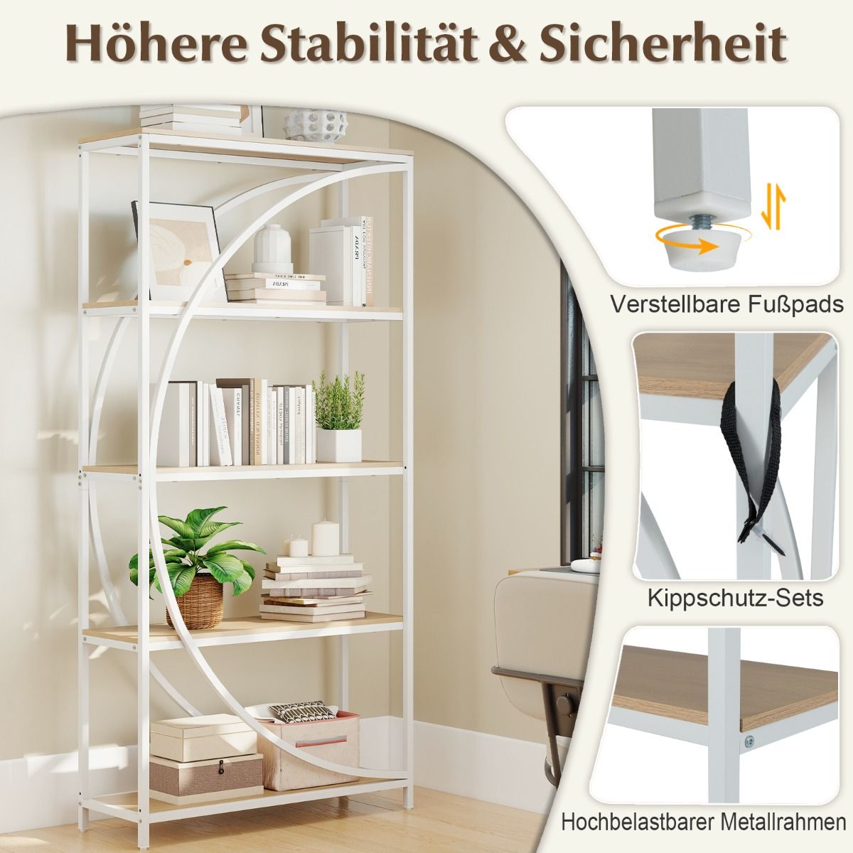 Coast Bücherregal – geometrisches Design – 5 offene Einlegeböden – weiß und naturfarben