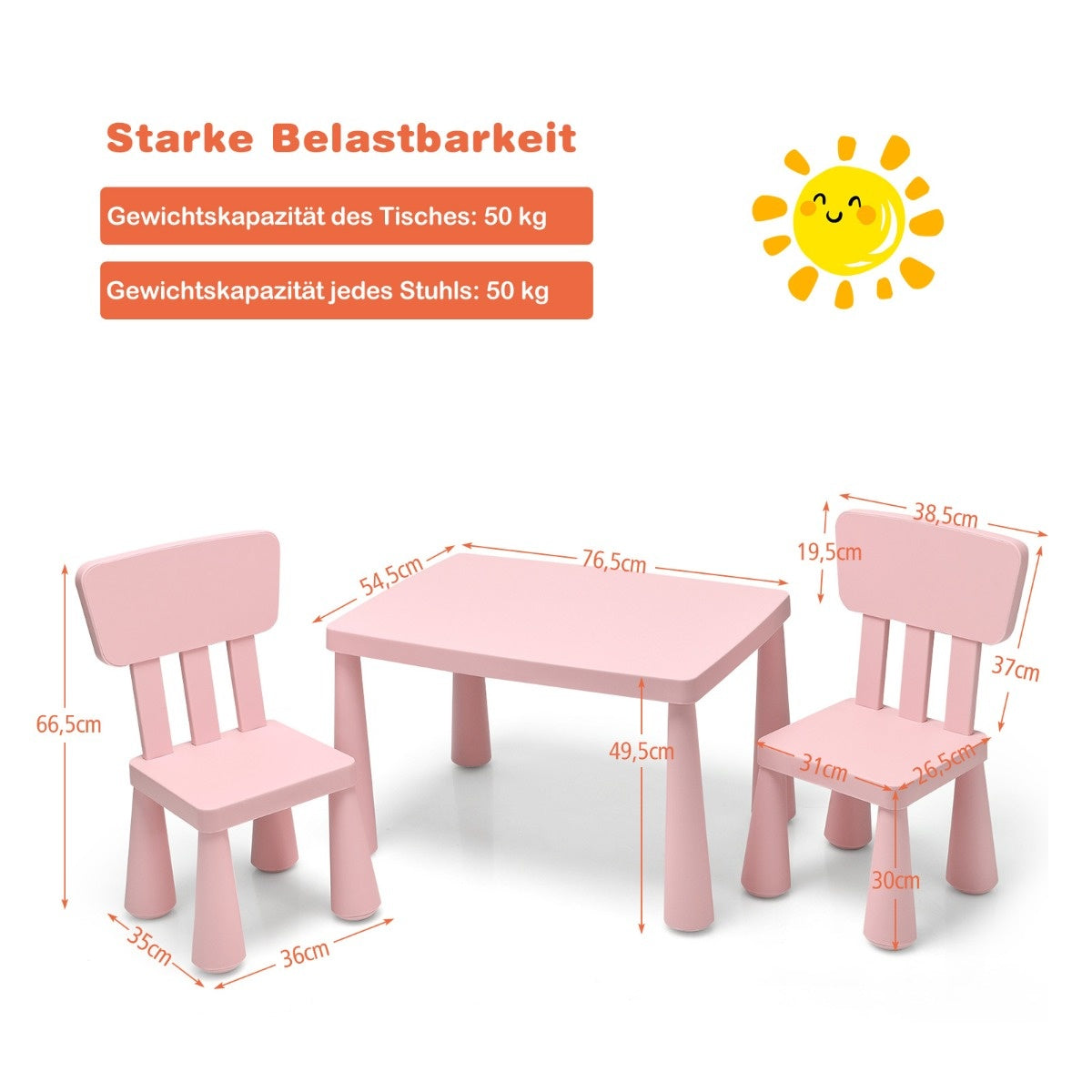 Coast Kindertisch mit 2 Stühlen - Multifunktionales Kindermöbel-Set zum Malen, Essen & Lernen - Pink