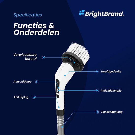 Brightbrand PowerScrub Pro - Elektrische Reinigungsbürste - Schrubber - Für Bad und Küche - Reiniger - Schrubber mit Griff - Abzieher - Polierer - Polierer mit 10 Aufsätzen