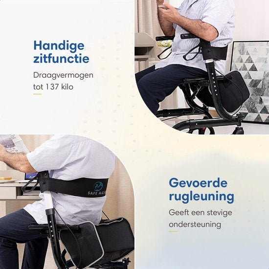 SafeLife Rollator - Verstellbar, faltbar & mit Sitzfunktion - 137 kg Tragfähigkeit - 70 x 61 x 95 cm - Schwarz