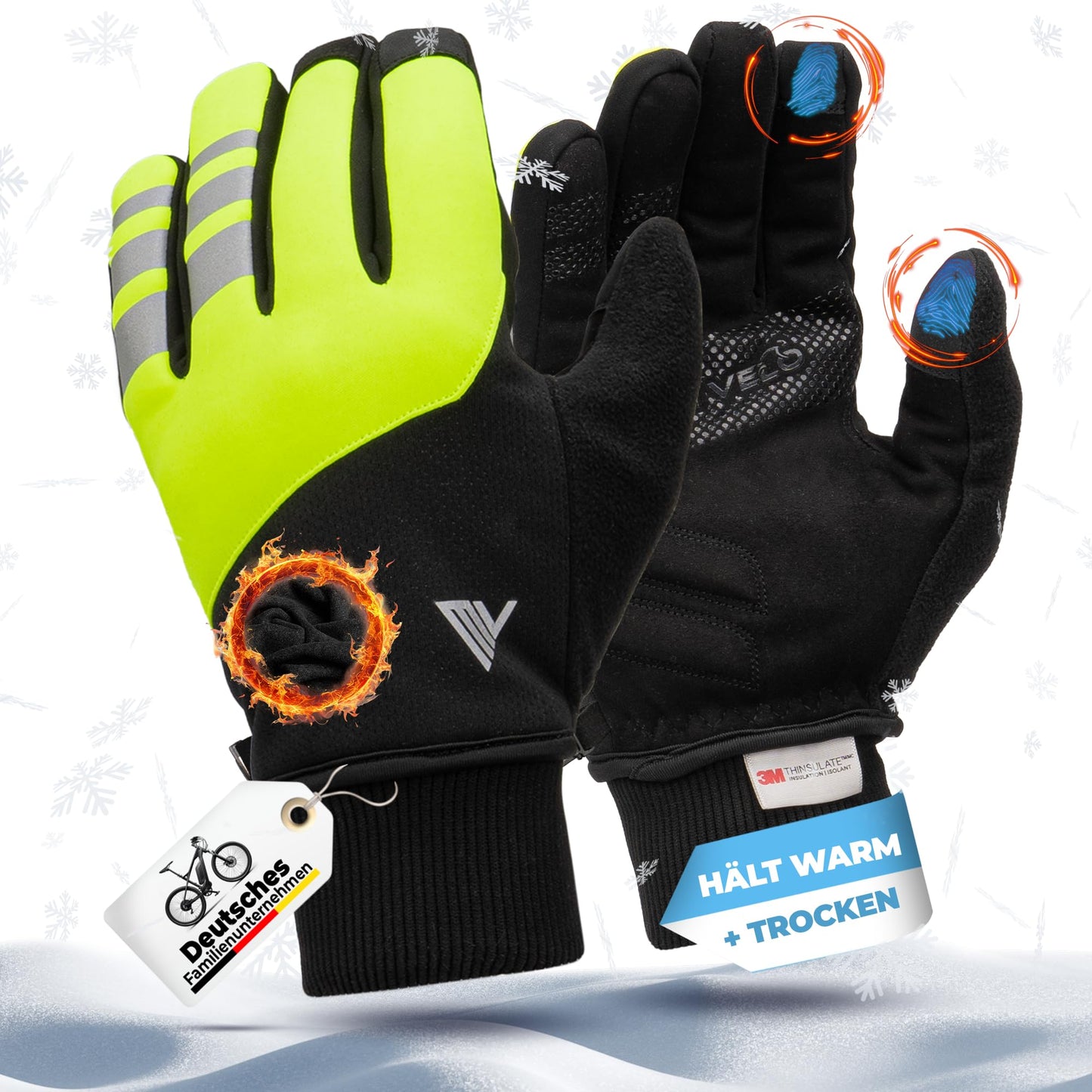 MIVELO Herren-Fahrradhandschuhe für den Winter – Thermo-Fleece – wasserdicht und winddicht – touchscreenfähig – gelb – XXL