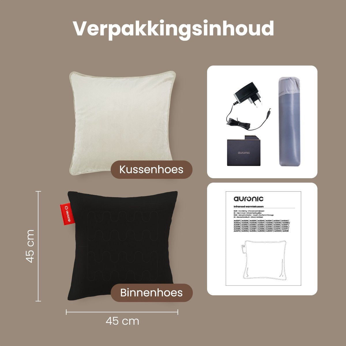 Auronic Wireless Wärmekissen - Samt 45x45 cm | Wiederaufladbar & Elektrisch | Infrarot Heizung | 3 Wärmestufen | Taupe