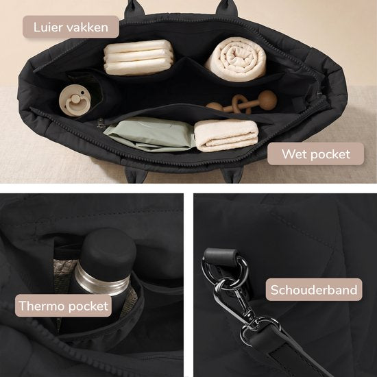 Mommsy Wickeltasche – Wickeltasche – Mom Bag – Thermofach – Gesteppter Puffer-Stoff – Mommy Bag – Besonders geräumig – Wasserabweisend – Organizer – Leicht – Schwarz