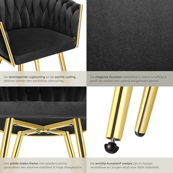 tectake® - 2er Set Esszimmerstühle aus Samt - Schalensessel mit Armlehne - Knopfoptik - 60,5 x 55 x 75 cm - Schwarz/Gold