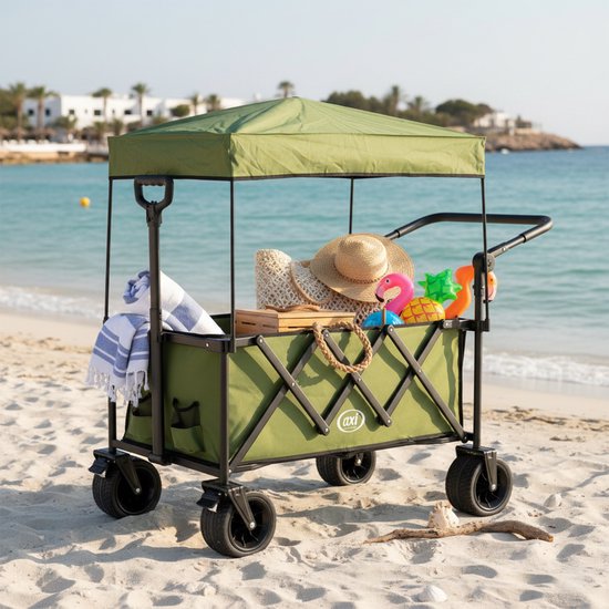 AXI SB221 Zusammenklappbarer Handwagen mit Dach – Grün – Mit Zugstange, Bremsen und Schutzhülle – 100 kg Tragkraft – Leicht zu transportieren – Metall