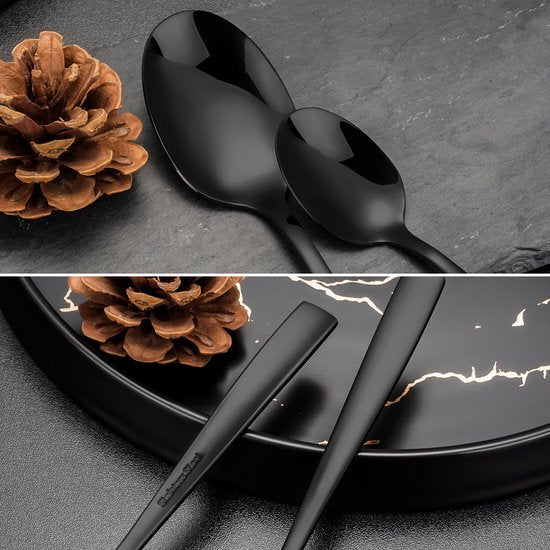 Deleca 12 Personen Besteck-Set Essential (72 Teile) - Löffel, Messer, Gabeln, Steakmesser & Kuchengabeln - Spülmaschinenfestes Besteck - Glänzend Schwarz / Edelstahl