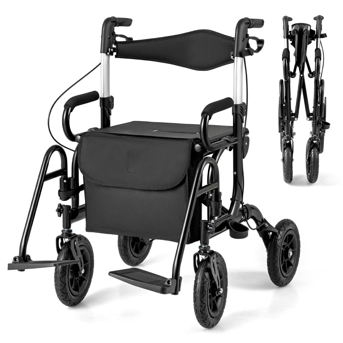 Coast 2-in-1-Rollator und Rollstuhl – Luftreifen – 6-fach höhenverstellbar – schwarz