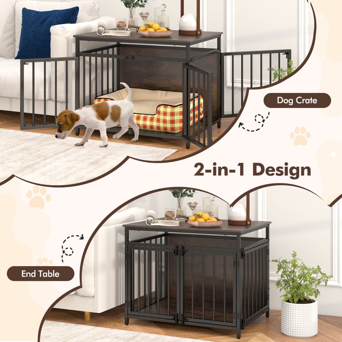 Coast Hundebox-Möbel – 3 Türen – Beistelltischfunktion – rustikales Braun und Schwarz – 80 x 60 x 64 cm