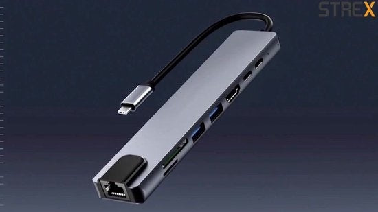 Strex 8 in 1 USB C Hub - Docking Station - USB Splitter - 4K HDMI - USB A - USB C - Ethernet - Micro SD - Geeignet für Laptop, Macbook, Windows