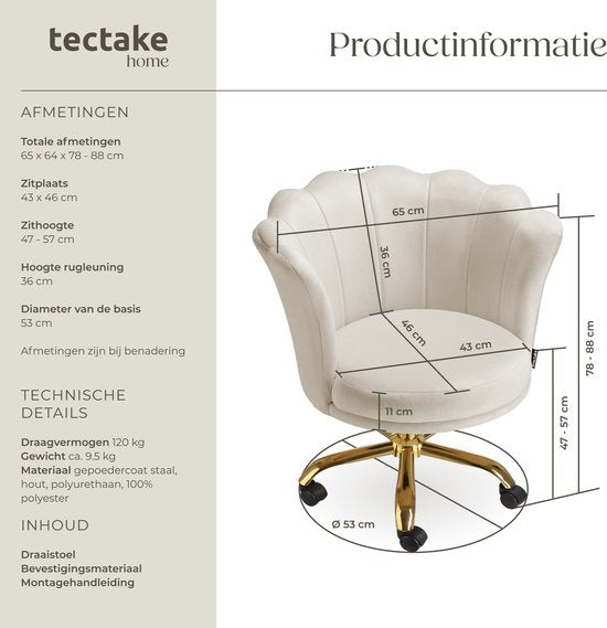 tectake® Bürostuhl - Höhenverstellbarer Drehstuhl mit Samtpolsterung - Ergonomische Schalenform - Stuhl mit Rollen - Esszimmerstuhl auf Rollen - 360° drehbar - Bürostuhl - Weiß