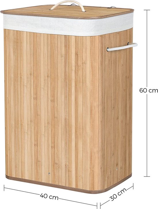 Songmics XL 72 Liter – Großer, zusammenklappbarer Wäschekorb – Bambus – waschbares Innenfutter – 40 x 30 x 60 cm