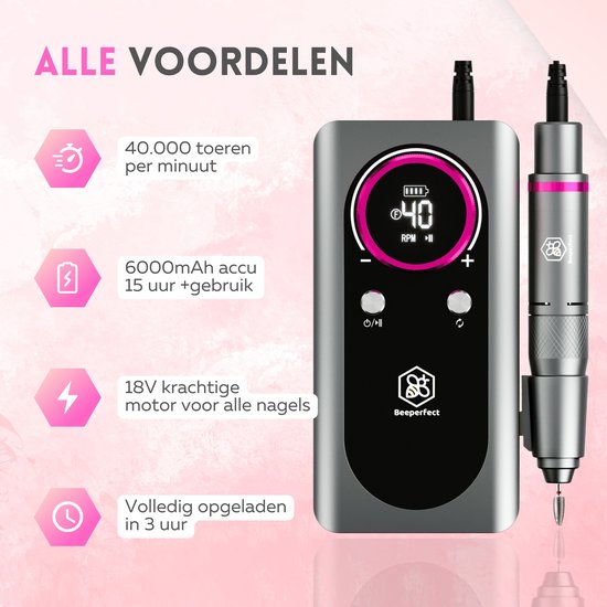 Beeperfect® Elektrische Nagelfeile Pocket Edition - Maniküre- und Pediküre-Set - 6000MaH Akku - Inklusive 26 Bits, 60 Schleifrollen und 5 Zubehörteile