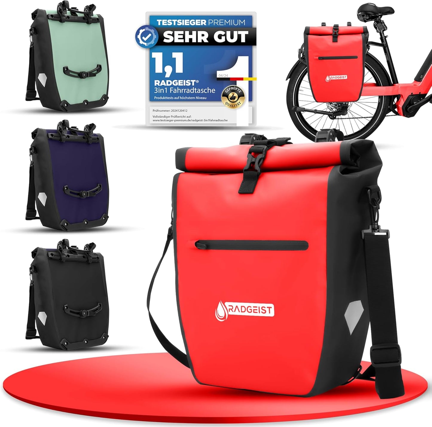 RADGEIST Fahrradtasche für Gepäckträger I 100% wasserdichte Fahrradtasche & Umhängetasche 20L I Seitentasche Fahrrad mit Reflektoren Set (rot)