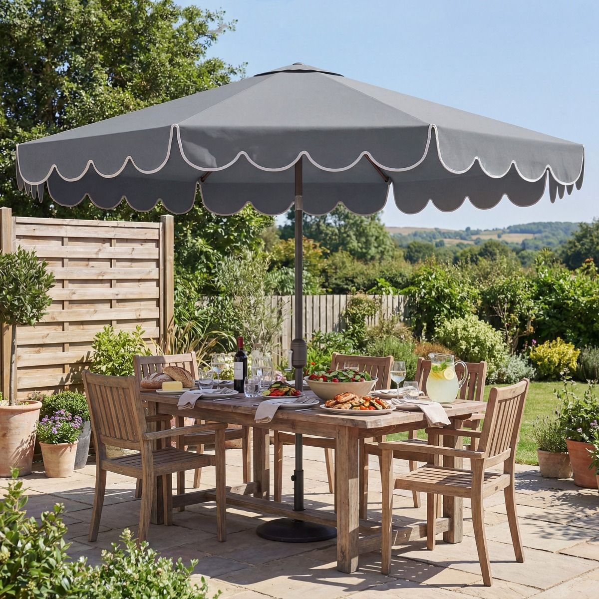 Coast Doppelseitiger Gartensonnenschirm – 300 cm mit Kurbel und Volant – um 35° neigbar – Blau