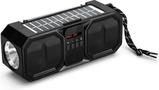 Denver Notfallradio - Bluetooth-Lautsprecher - Solar-Powerbank - 80W - FM-Radio - Taschenlampe - USB - BTG158 - Schwarz