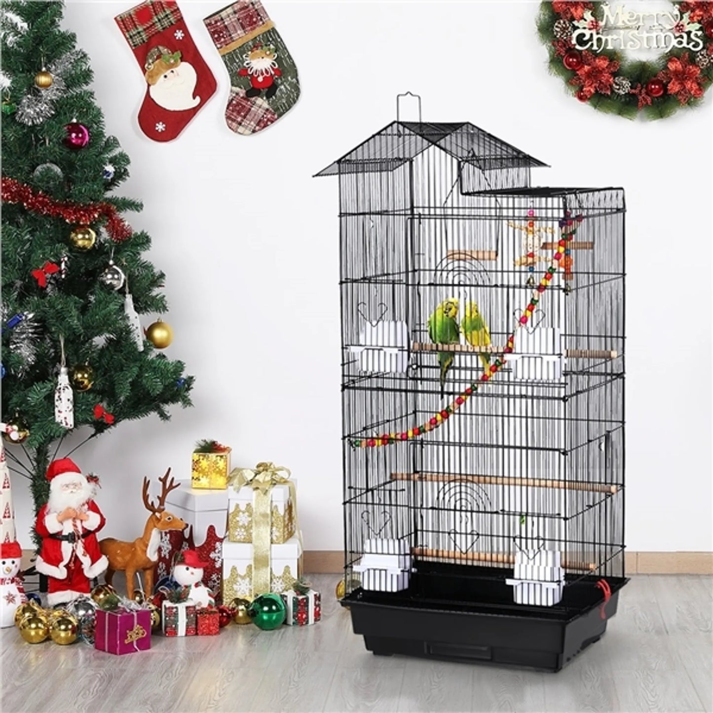 Yaheetech Vogelkäfig mit Spielplatz - 46 x 35,5 x 99 cm - Mit abnehmbarer Bodenplatte und Drahtschlössern und komplettem Zubehörset - Für Sittiche und Kanarienvögel - Schwarzes Metall und Holz