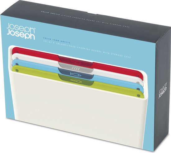 Joseph Joseph – Geschenkset „Folio Icon“ mit 4 Schneidebrettern im Halter, Arktisweiß – Polypropylen – Weiß
