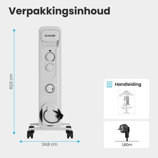 Auronic Ã–lradiator - Elektrischer Heizkörper - Thermostat - Timer - 3 Stufen - bis zu 1500W - Weiß