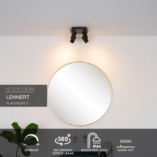 Lucide LENNERT – Deckenstrahler (Deckenleuchte) für das Badezimmer – LED, dimmbar – GU10 – 4 × 5 W, 3000 K – IP44 – Schwarz