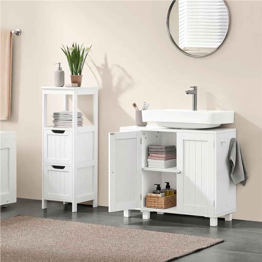 Yaheetech Waschbeckenunterschrank 75 x 30 x 62 cm – Weiß – Mit 4 Fächern, offenen Regalböden und Handtuchhalter